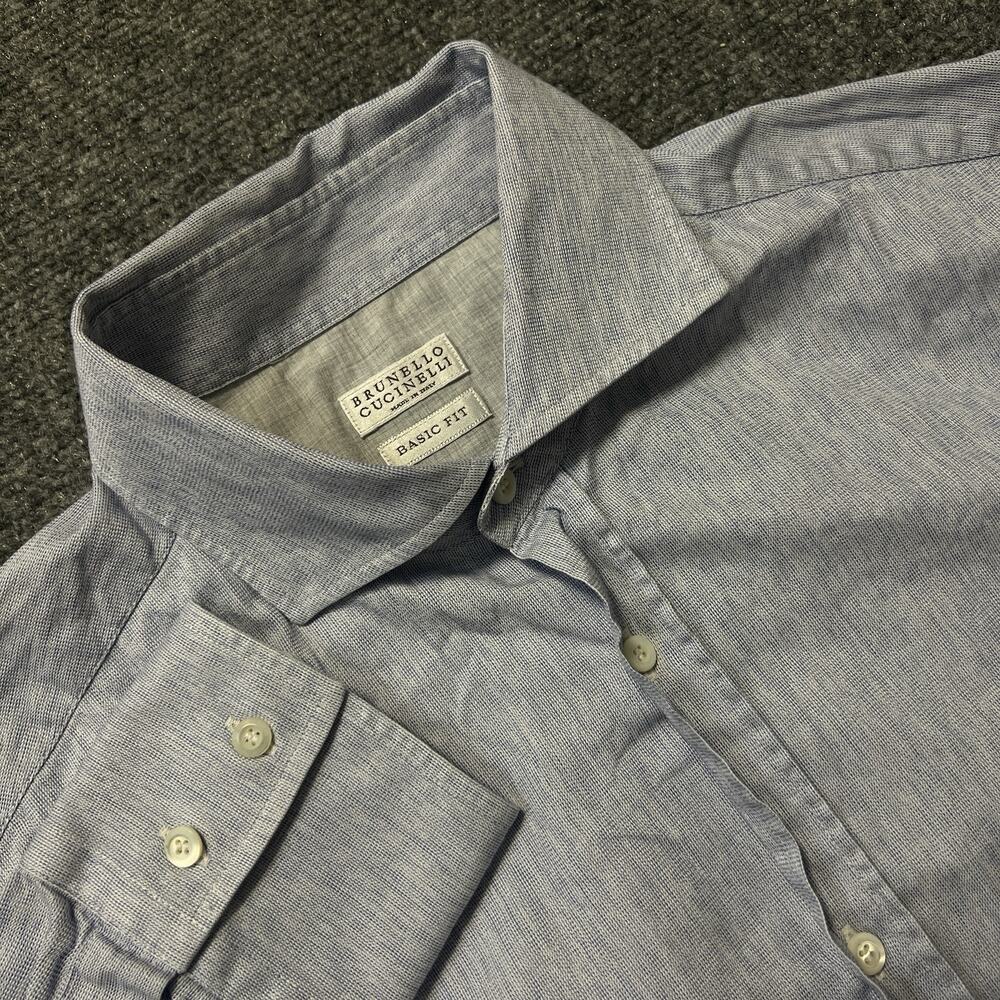 BRUNELLO CUCINELLI Men’s 100% Cotton Button Up Blue Shirt Size L Basic Fit